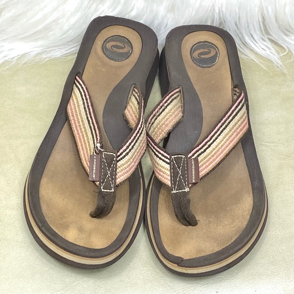 O’Rageous Thong Sandal Low Wedge Style Flip Flops Earthy Neutrals Canvas Stripe - Picture 3 of 15